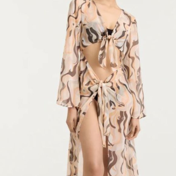 NWT Cinq à Sept Canyon Swirl Talita Cover Up Tie Front Natural Multi Dress - Picture 1 of 9